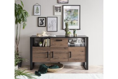 Sideboard Jami 160x90x45 Anrichte Schwarz-Okapi Nuss/Okapi Nuss 10140