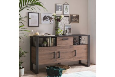 Sideboard Jami 160x90x45 Anrichte Schwarz-Okapi Nuss/Okapi Nuss 10140