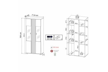 Vitrine Jacklin 72x38x164 Weiss/Artisan Eiche 10288