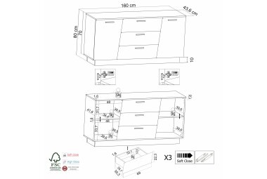 Sideboard Jacky 160x44x80 Weiss/Artisan Eiche 10301