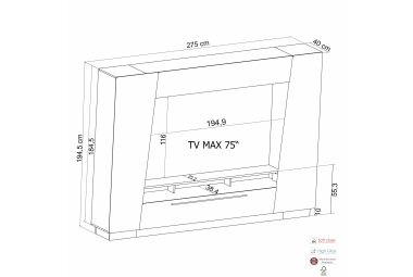 Mediawand Jacky 275x40x195 Grau/Artisan Eiche 10304