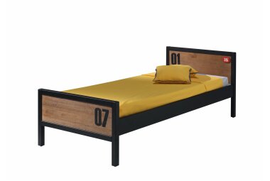 Einzelbett Kameko 209x97x75 MDF+Massivholz Schwarz/Cognac...