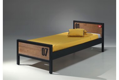 Einzelbett Kameko 209x97x75 MDF+Massivholz Schwarz/Cognac...