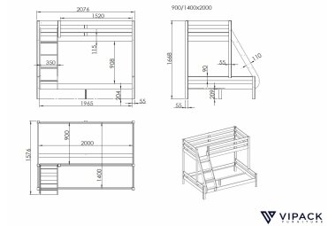 Etagenbett Kathlin 208x156x167 Familienbett Massivholz natur 17478