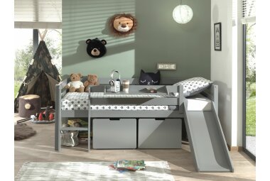 Kojenbett mit Rutsche Karolina 208x175x83 Massivholz Grau...