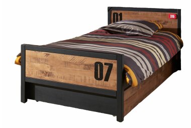 Einzelbett Kameko 209x97x75 Massivholz+MDF Schwarz/Natur...