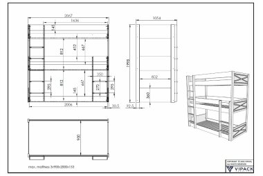 Etagenbett Karyl 206x105x200 3-fach Hochbett Massivholz Weiß 17856